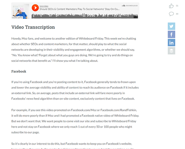Screenshot of Whiteboard Friday's video transcription