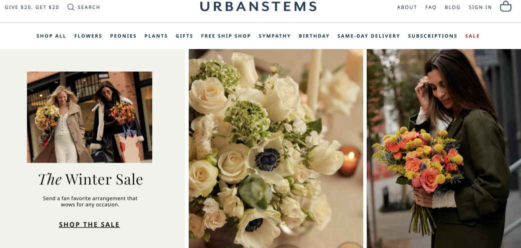 urbanstems keeps their landing page focused on their winter sale