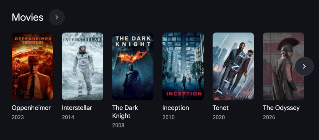 Google search results for Christopher Nolan movies