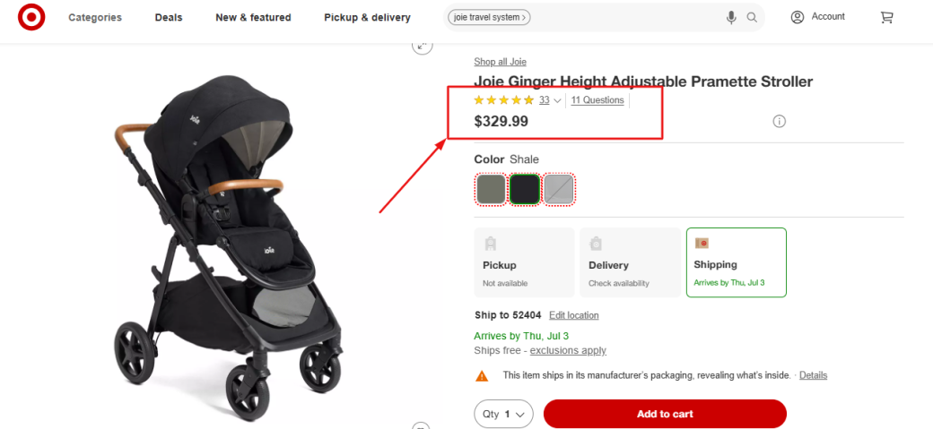 A baby stroller on Target's e-commerce page