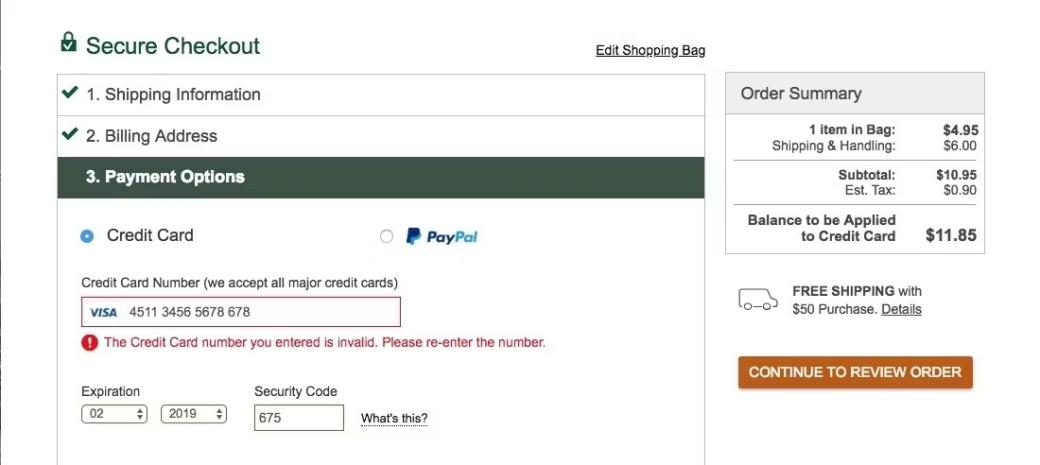 Live credit card validation example
