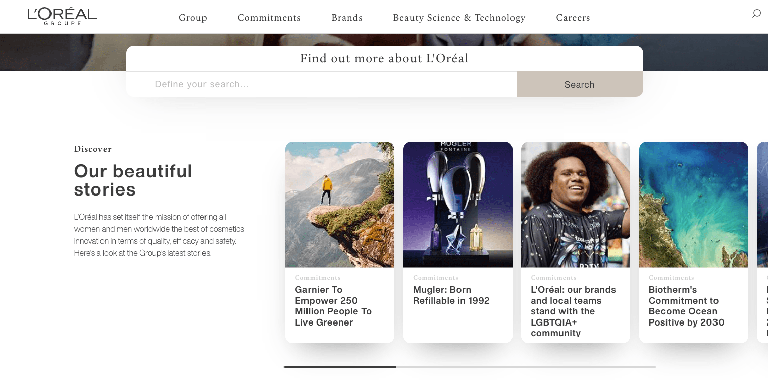 L'OREAL's homepage features articles about their dedication to social initiatives