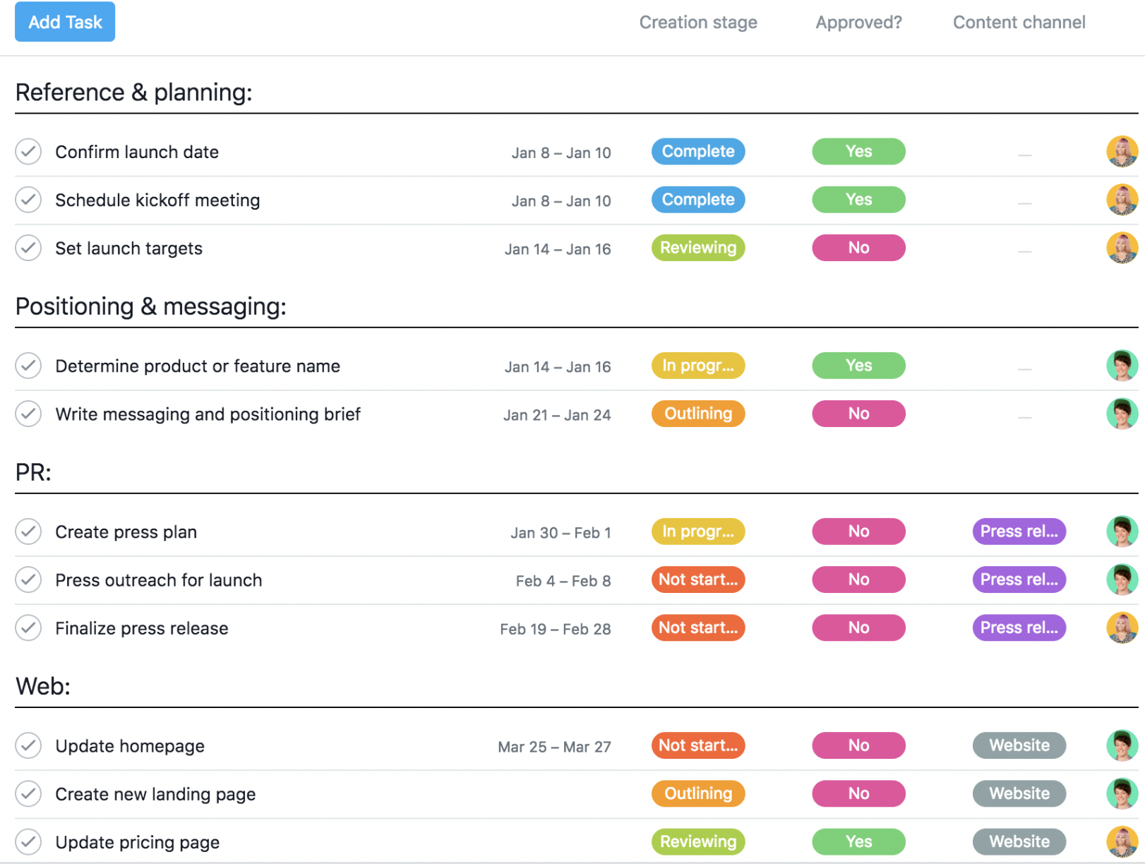 Asana product launch plan example