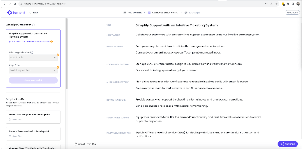lumen5 script composing page