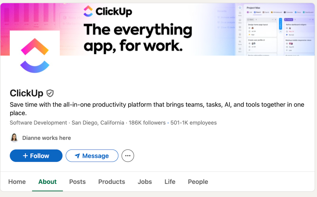 ClickUp's LinkedIn Profile