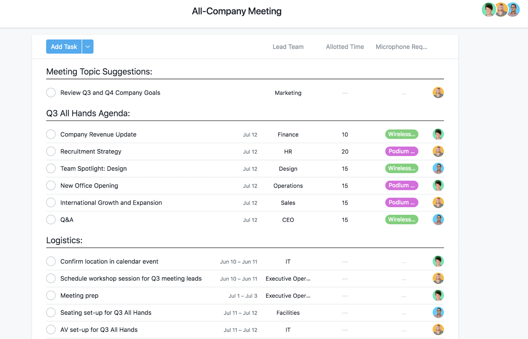 meeting organization through Asana