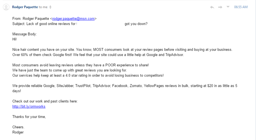 email offering fake reviews services