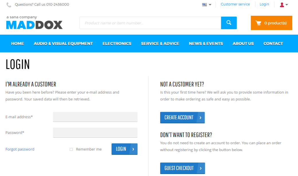 MADDOX's login and registration page