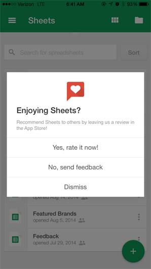 Screenshot of Google Sheets asking for reviews