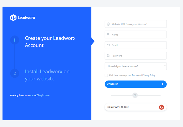 Leadworkz app onboarding sign up form