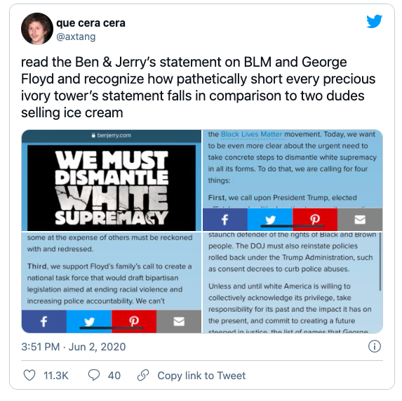 Ben & Jerry's used it's platform to stand against policy brutality amid social unrest in 2020.