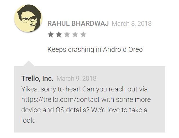 Screenshot of Trello app complaint