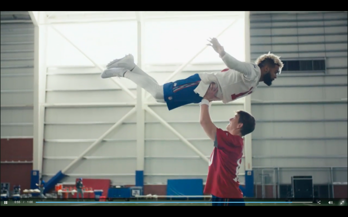 Super Bowl LII NFL advertisement with Eli Manning and Odell Beckham Jr.