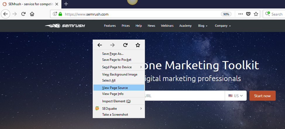 Right click to check a website's meta tags.