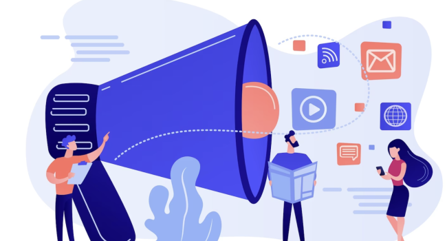 Animation with a megaphone, email icons, and messaging icons