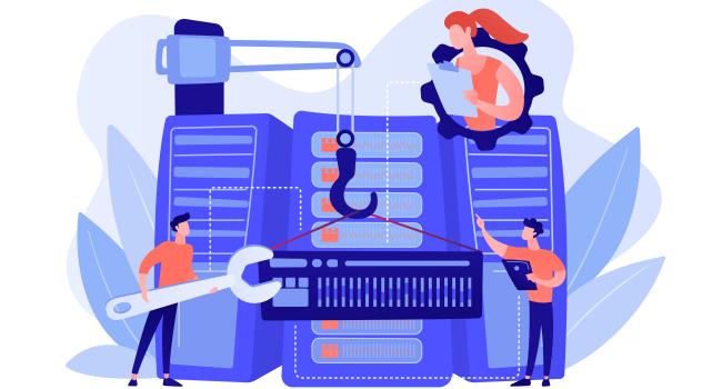 An illustration representing software developers building backend infrastructure.