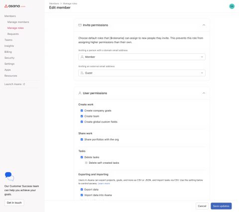 Example of Role-based access control in Asana to lock