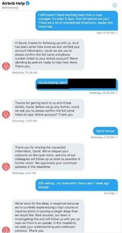 Airbnb Twitter messaging customers