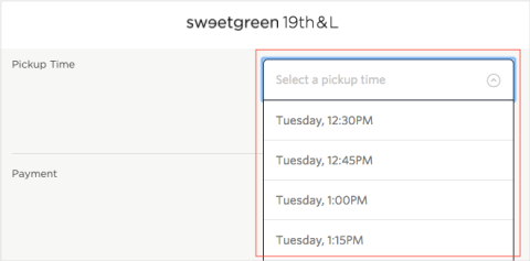 Sweetgreen allows pre-order users to select when they want to pick up their meal.