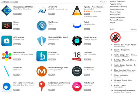 screenshot of variety of business apps in Apple App Store