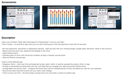example of Cube's App Store description