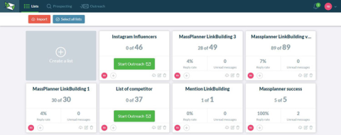 screenshot of dashboard for outreach platform Ninja Outreach