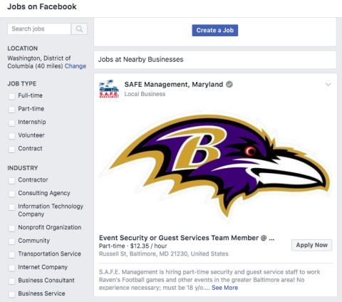 User interface for Jobs on Facebook