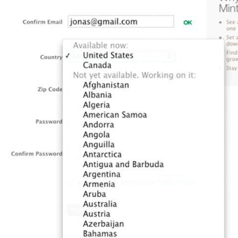 Countries drop down menu