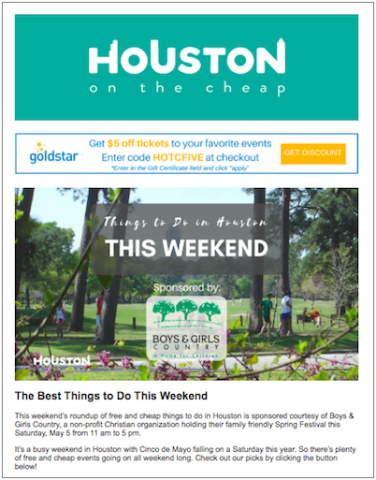 Houston on the Cheap email marketing