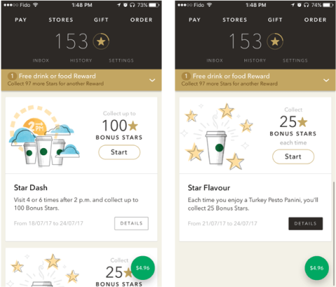 Starbucks distributes redeemable rewards through its app throughout app onboarding