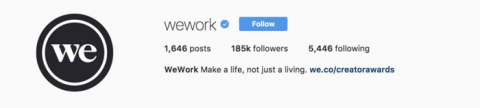 example of WeWork's Instagram business account bio