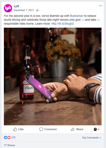 Lyft drinking and driving Facebook post
