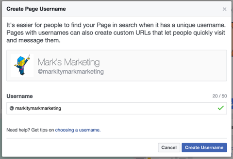 Creating page username screenshot