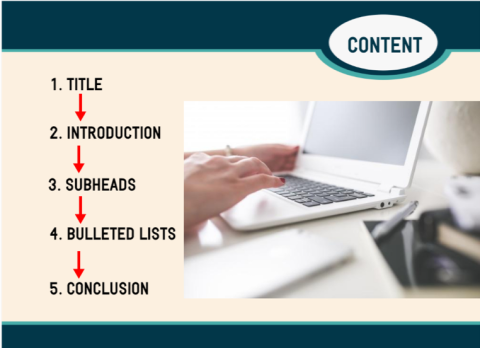 title, introduction, subheads, bulleted lists, conclusion