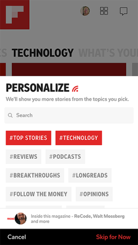 Flipboard mobile app onboarding