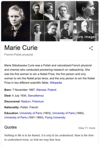 marie curie google results