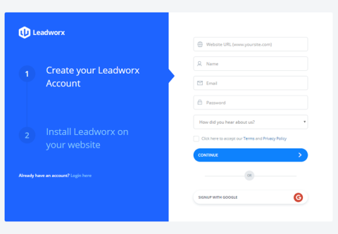 Leadworkz app onboarding sign up form