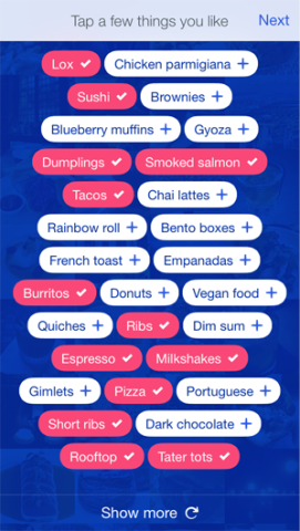 Foursquare lets app users select bubbles during onboarding process to indiciate preferences