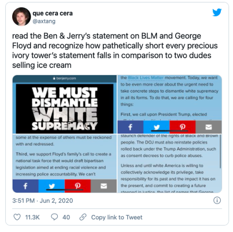 Ben & Jerry's used it's platform to stand against policy brutality amid social unrest in 2020.