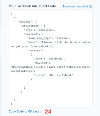 JSON code that ManyChat generated for us