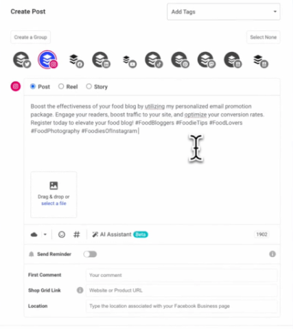 Buffer AI assistant user interface creating an Instagram post