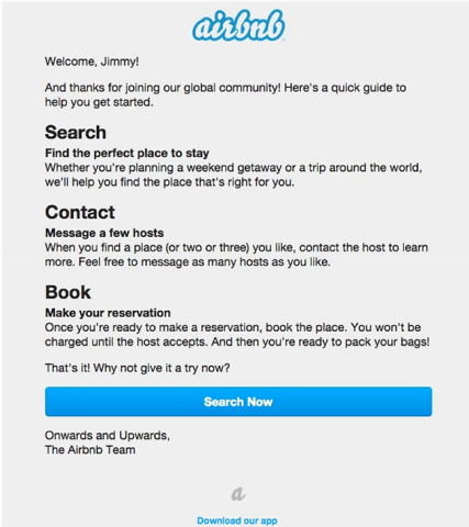 Airbnb's welcome email thanks new subscribers and guides them through next steps to use its platform