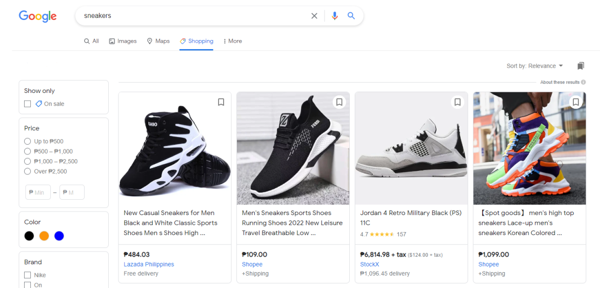 Screenshot of shopping tab