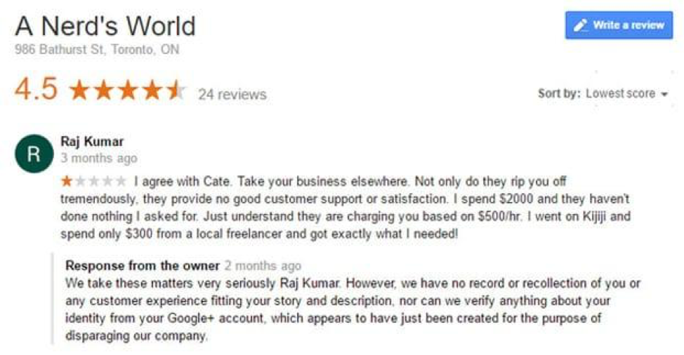A Nerd's World Fake Negative Google Review