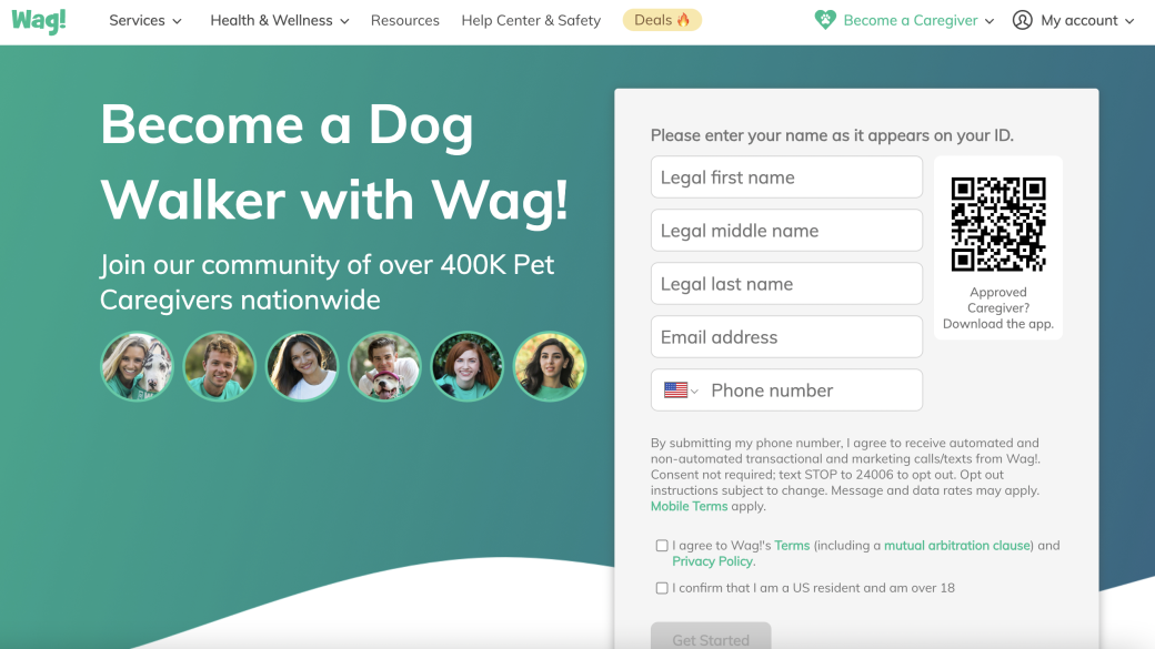 Wag's landing page stays focused on attracting new walkers