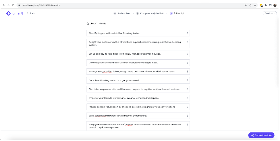 lumen5 script editing page