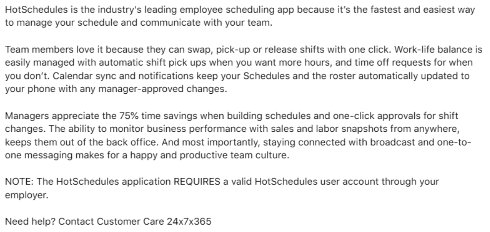 hotschedules app description full text example