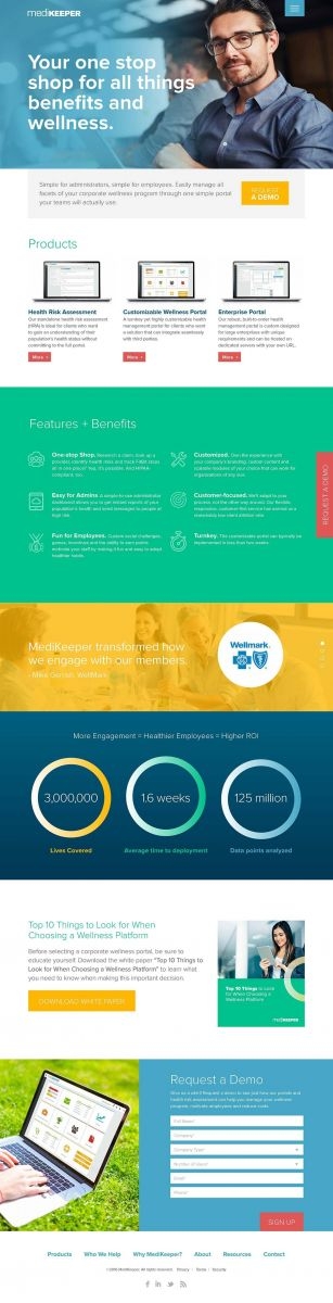 MediKeeper website hero section list of products statistics call to action