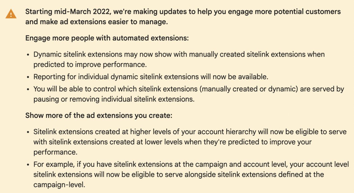 Google Ads support on sitelinks and extensions