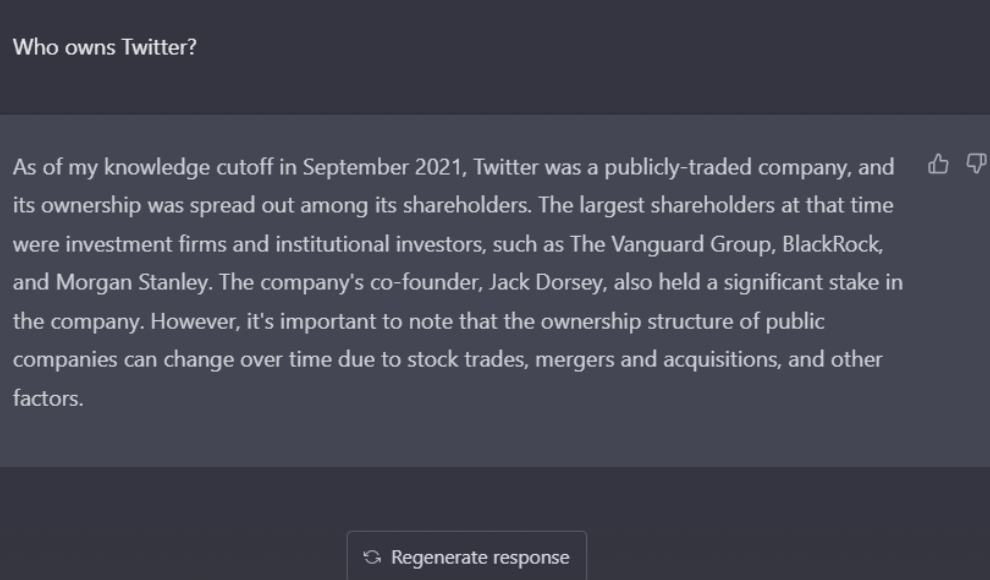 example of how generative AI responses are not always up-to-date, which leaves room for inaccuracies